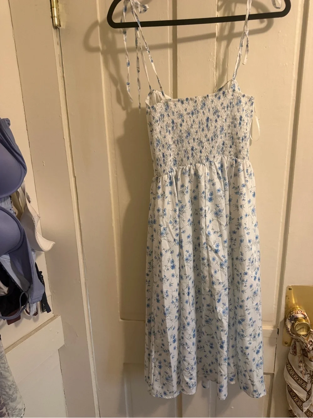 White Midi Slip Dress with Blue Floral Print